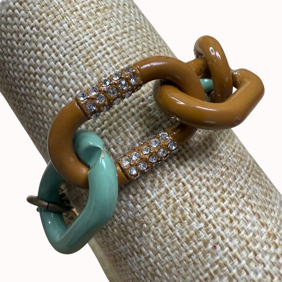 J Crew Jewelry - J Crew Chunky Chain Link Bracelet W/ Rhinestone Accents Green & Brown Enamel Gol